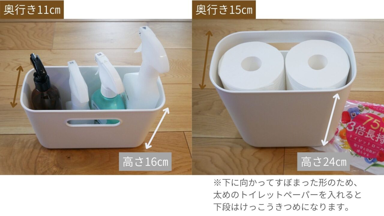 無印良品:吊るしても使える 薄型収納ケースに実際に洗剤やトイレットペーパーを入れてみたところ