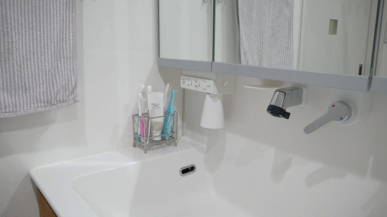 洗面台の端に置かれた歯ブラシ収納の様子。