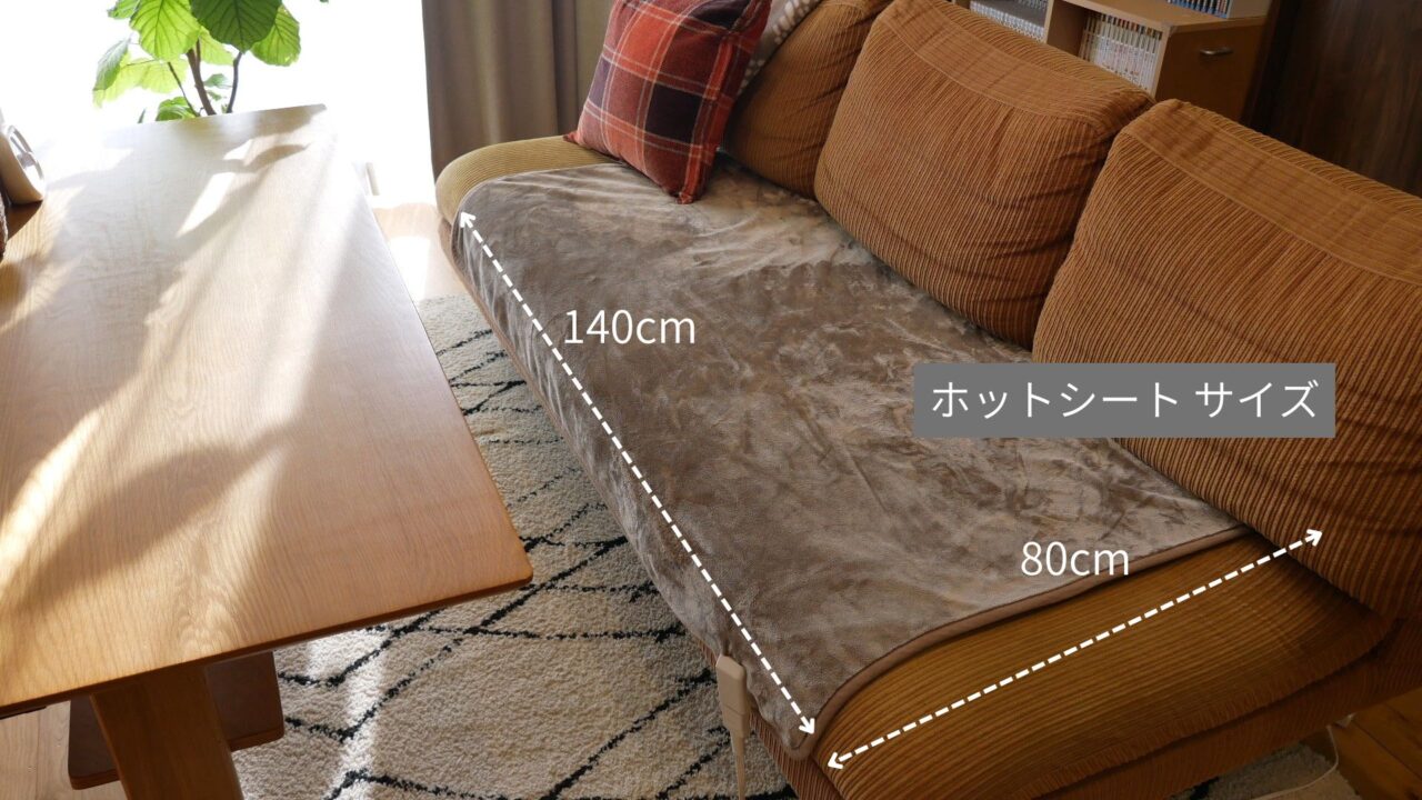 2〜3人掛けソファに敷いた無印良品のホットシートのサイズ感